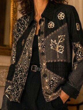 Embroidered Patchwork Blazer in Indigo Black by Indigo Moon Size 3X
